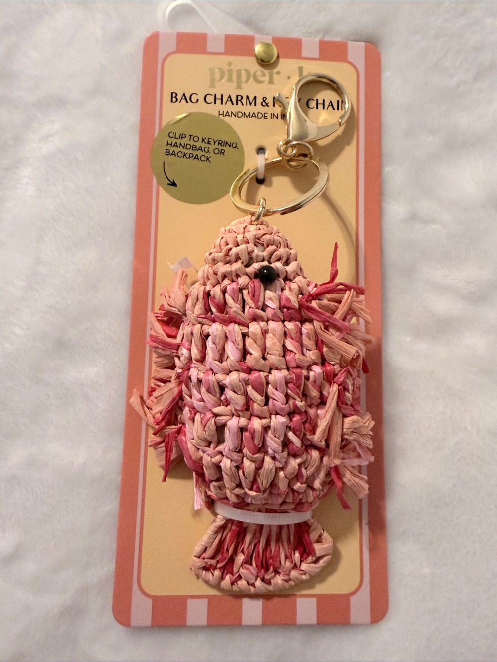 Piper K Pink Woven Beta Fish Bag Charm Keychain